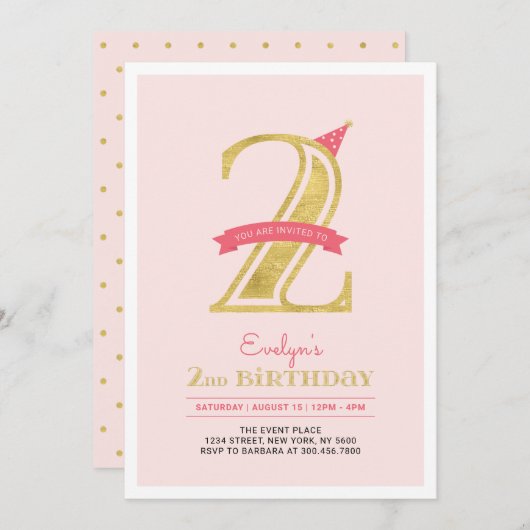 Invitation Rose et or | Fille 2e fête d'anniversaire (Devant / Derrière)