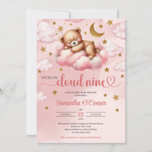 Invitation Rose et or fille ours nuage neuf Baby shower (Devant)