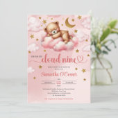Invitation Rose et or fille ours nuage neuf Baby shower (Debout devant)