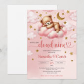 Invitation Rose et or fille ours nuage neuf Baby shower (Devant / Derrière)