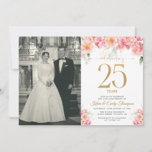 Invitation Rose et Or Floral 25e Anniversaire