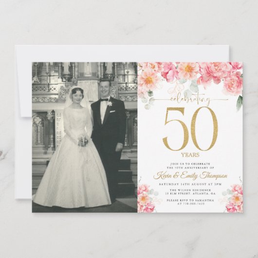 Invitation Rose et Or Floral 50e Anniversaire (Devant)