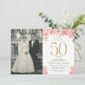 Invitation Rose et Or Floral 50e Anniversaire (Debout devant)