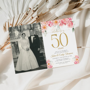 Invitation Rose et Or Floral 50e Anniversaire