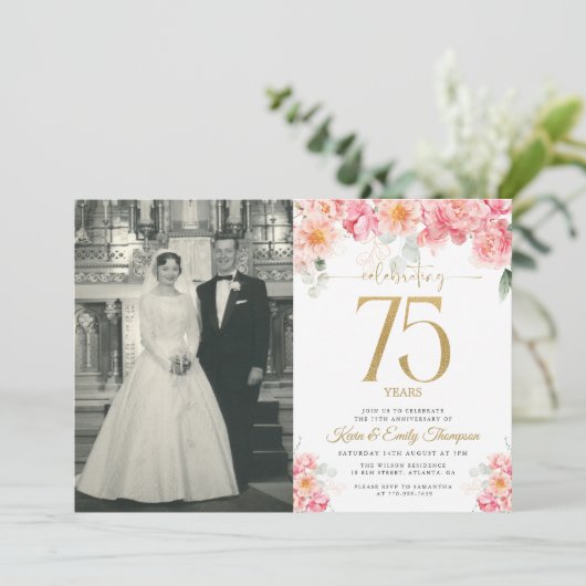 Invitation Rose et Or Floral 75e Anniversaire (Debout devant)