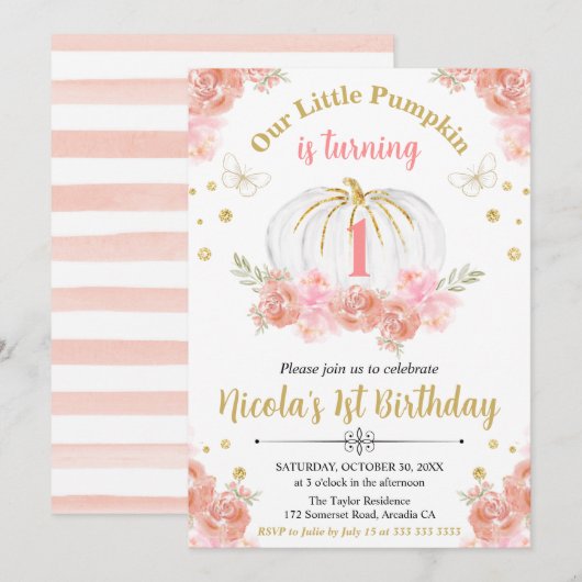 Invitation Rose et or Floral Citrouille fille 1er anniversair (Devant / Derrière)