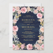 Invitation Rose et Or Floral Code QR Bleu Marine Mariage (Devant)