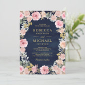 Invitation Rose et Or Floral Code QR Bleu Marine Mariage (Debout devant)