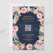 Invitation Rose et Or Floral Code QR Bleu Marine Mariage (Dos)