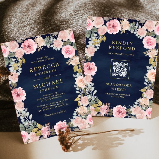 Invitation Rose et Or Floral Code QR Bleu Marine Mariage