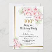 Invitation Rose et or Floral Surprise 100e fête d'anniversair (Devant)