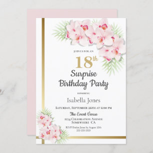 Invitation Rose et or Floral Surprise 18e fête d'anniversaire