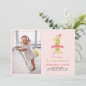 Invitation Rose et or | Jolie Fille Moderne 1ère fête d'anniv (Debout devant)