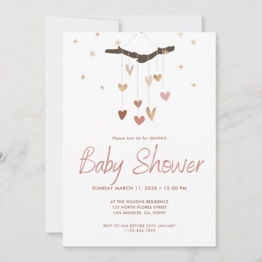 Invitation Rose et or Moderne Simple Cute Boho Baby shower (Devant)