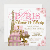 Invitation Rose et or Paris Sweet 16 Party (Devant / Derrière)