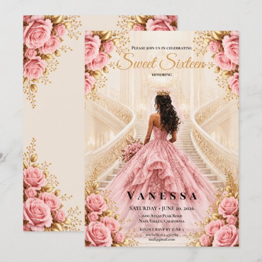 Invitation rose et or pour les 16 ans de la prince (Devant / Derrière)