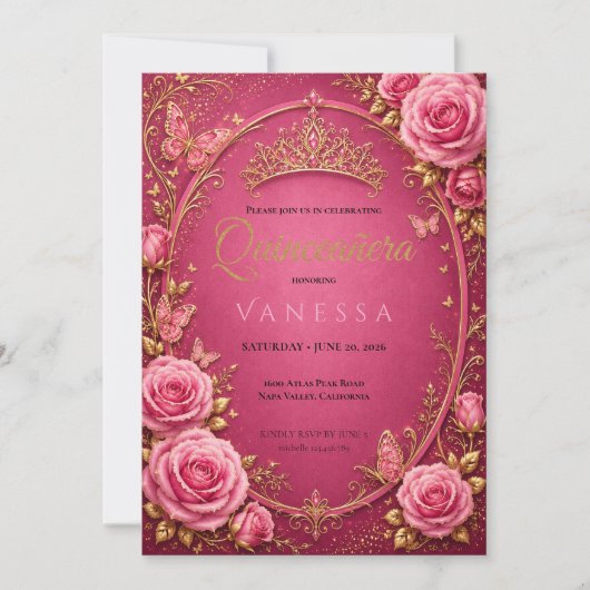 Invitation Rose et Or pour Quinceanera (Devant)