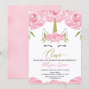 Invitation rose et or Unicorne 1er anniversaire fille