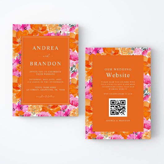 Invitation Rose et Orange | Jardin Vibrant | Mariage Code QR