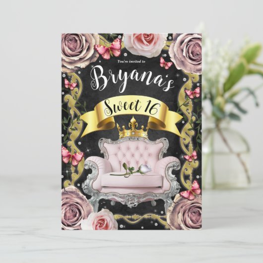 Invitation Rose et papillons Chaise de Princesse Rose pour un (Debout devant)