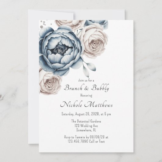 Invitation Rose et Parties scintillant Dusty Blue Peony Brunc (Devant)