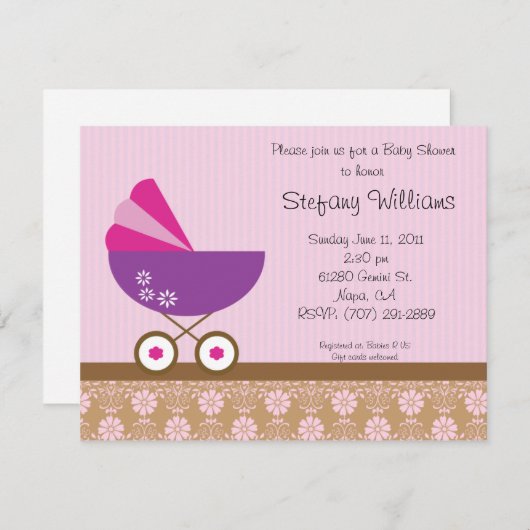 Invitation rose et pourpre de baby shower (Devant / Derrière)