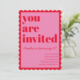 Invitation Rose et Rouge Moderne 21e Anniversaire à Bordure C