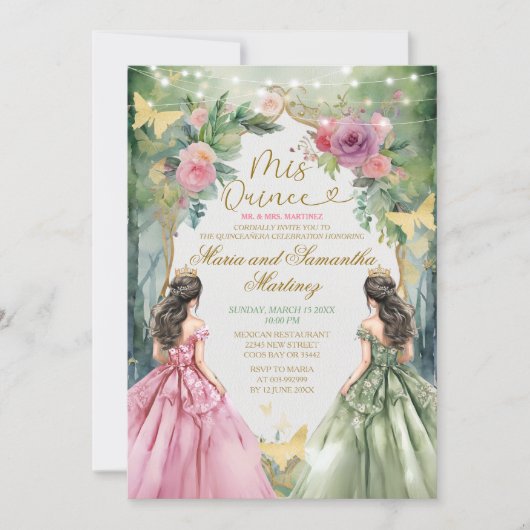 Invitation Rose et Sage Green Twin Royal Princess Mis Quince (Devant)
