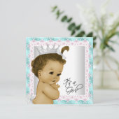 Invitation Rose et Turquoise Bleu bébé fille Douche (Debout devant)