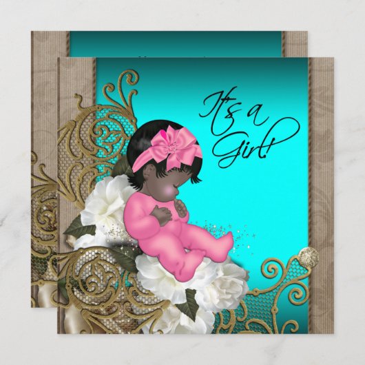 Invitation Rose et Turquoise Bleu bébé fille Douche (Devant / Derrière)