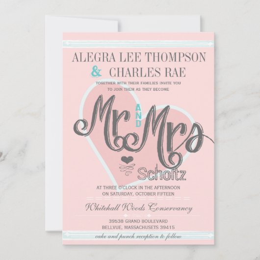 Invitation Rose et Turquoise M. et Mme Mariages de typographi (Devant)