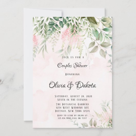Invitation Rose et verdure Feuille Chic Couples Douche (Devant)