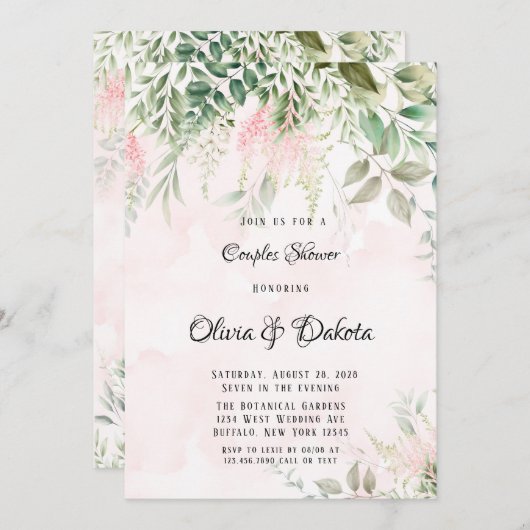 Invitation Rose et verdure Feuille Chic Couples Douche (Devant / Derrière)