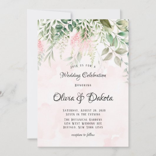 Invitation Rose et verdure Feuille Chic Mariage (Devant)