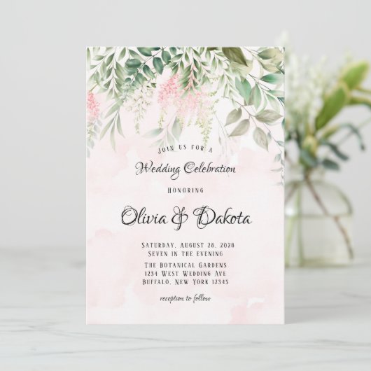 Invitation Rose et verdure Feuille Chic Mariage (Debout devant)