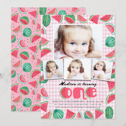 Invitation Rose et vert d'été pour le premier anniversaire Pa (Devant / Derrière)