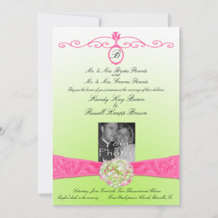 Invitation rose et verte avec monogramme et photo