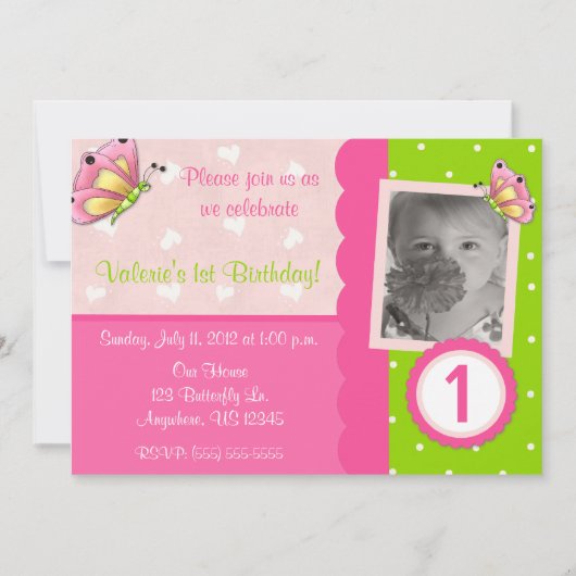 Invitation rose et verte d'anniversaire de filles (Devant)