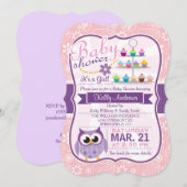 Invitation Rose et violet de lavande; Baby shower de hibou (Devant / Derrière)