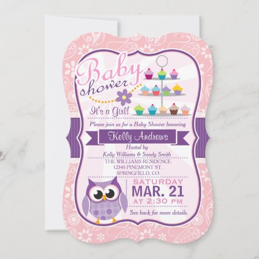 Invitation Rose et violet de lavande; Baby shower de hibou (Devant)