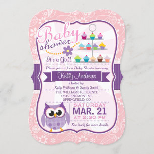 Invitation Rose et violet de lavande; Baby shower de hibou