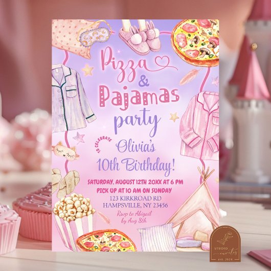 Invitation Rose et Violet Néon Pizza et Pyjamas Anniversaire