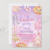 Invitation Rose et Violet Néon Pizza et Pyjamas Anniversaire (Devant)