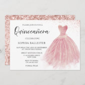 Invitation Rose étincelant Gold Blush Gown Quinceanera Party (Devant / Derrière)
