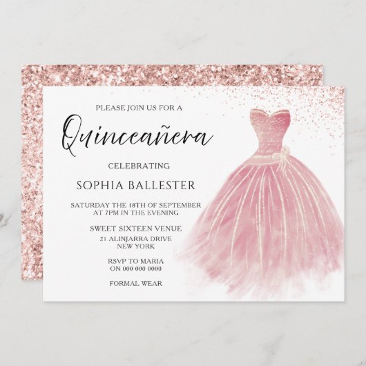 Invitation Rose étincelant Gold Blush Gown Quinceanera Party (Devant / Derrière)