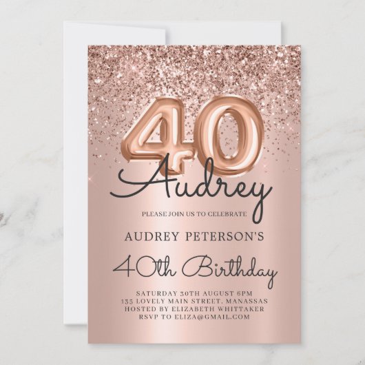 Invitation Rose étincelant or Parties scintillant ballon 40e (Devant)