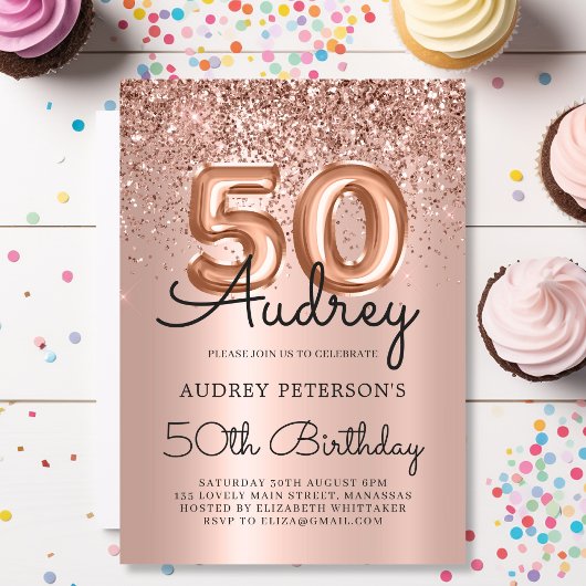 Invitation Rose étincelant or Parties scintillant ballon 50e 