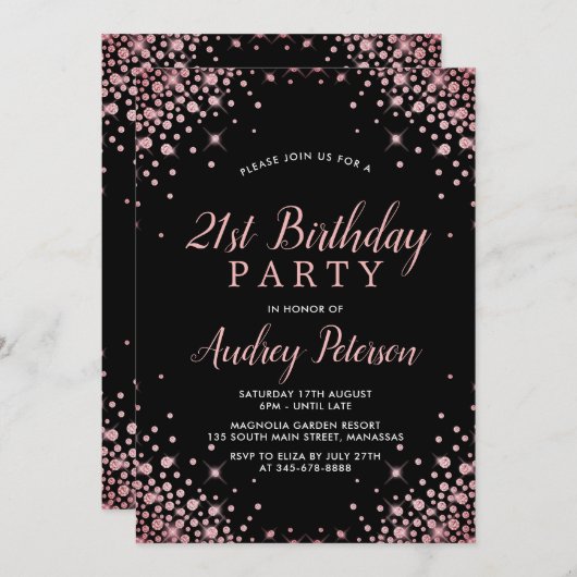 Invitation Rose étincelant Parties scintillant d'or noir 21e  (Devant / Derrière)