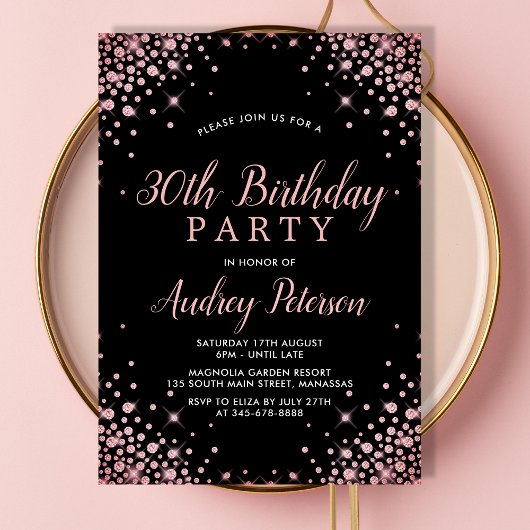 Invitation Rose étincelant Parties scintillant d'or noir 30e 