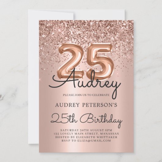 Invitation Rose étincelant Parties scintillant or ballon 25e  (Devant)